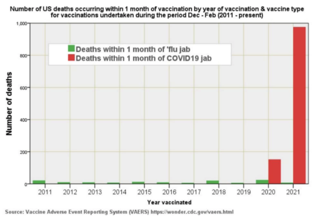 In all of modern drug history, no vaccine has caused so many deaths to be registered in the U.S. VAERS [Vaccine Adverse Event Reporting System] databases as the covid shot. This figure shows the comparison with the influenza vaccine.