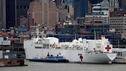The USNS hospital ship Comfort is seen docked at Pier 90 on Manhattan's West Side during the outbreak of the coronavirus disease (COVID-19) in New York City, New York, U.S., April 3, 2020.